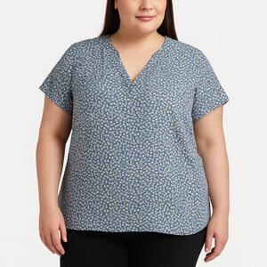 Lush Blue White Short Sleeve Patterned VNeck LooseFit‎ Blouse Womens Size 2X